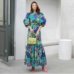 Party Dresses Elegant Blue Flower Print Lantern Sleeve And Ankle Fishtail Dress 2024 Summer Slim Bodycon O-neck Pastoral Style