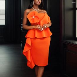 Casual Dresses Sexy Strapless Orange For Women Off The Shoulder Ruffles High Waisted Package Hips Mid Calf Elegant Birthday Party Dress