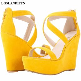 Sandals Fashion Platform Female Wedge Sandals 2023 Open Toe Back Zipper High Heels Shoes Hollow Flock Red Yellow Women Party Dress Pumps