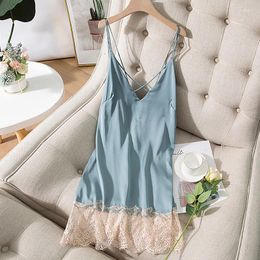 Women's Sleepwear Summer Satin Nightgown Lace Patchwork Women Spaghetti Strap Nightdress Intimate Lingerie Sexy Bathrobe Nightwear