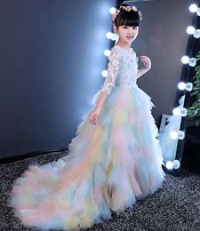 Lovely Rainbow Tulle Layers Train 3/4 Long Sleeve Flower Girl Dress Girl's Pageant Dresses Birthday Dresses Girl's Skirt Custom SZ 2 4 6 8 10 12 D318002