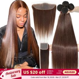 Synthetic Wigs 12A 10-32 #4 Chocolate Brown Straight Human Hair Bundles with Closure Frontal Raw Brazilian Hair Weave Bundles with Closure 240329