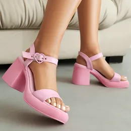 Sandals Bright Lovely Pink Open Toe Classic Ladies Summer Dress Pumps Buckle Belt Strap Platform Square Chunky High Heels Women
