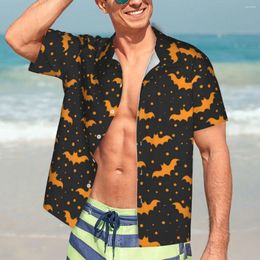 Men's Casual Shirts Orange Bats Print Beach Shirt Black Halloween Hawaiian Mens Novelty Blouses Short Sleeve Breathable Graphic Top