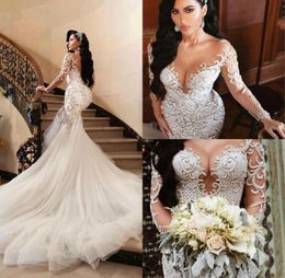 Luxurious 2019 Sexy Arabic Wedding Dresses Mermaid Beading Embroidery Bridal Dresses Sheer Neck Long Sleeves Wedding Gowns Vestido8715950