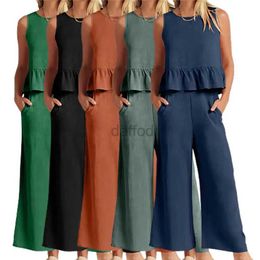 Women's Tracksuits Summer Sleeveless Ruffles Crop Top Loose Wide Leg Pants Suit Women Clothes Chiffon Set Vacation Outfit 24318