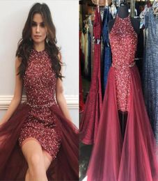 Sparkly Maroon Red Short Prom Dresses Jewel Neck Sleeveless Crystal Beading Sheath Tulle Over Skirt Cocktail Party Dresses Pageant5871926
