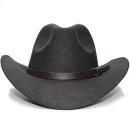Big Large Plus Size Vintage Women Men Flet Wide Brim Cowboy Western Hat Cowgirl Funeral Formal Bowler Cap Leather Band 61cm 240311