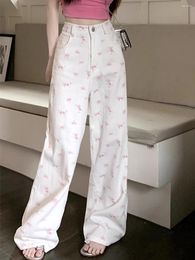 Women's Jeans White Straight Women Vintage Floral Print Denim Pants Streetwear Spring 2024