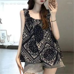 Women's Tanks Vintage Printed Loose Folds Sleeveless T-Shirt Female Clothing 2024 Summer Oversized Casual Pullovers Office Lady Tee Shirt