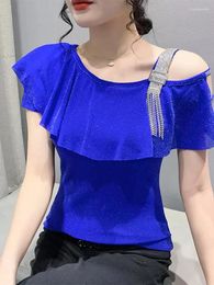 Women's T Shirts Ruffles Mesh Girls Short Sleeve Faux Diamonds Strap Tshirt Tops Woman Irregular Off Shoulder Tees