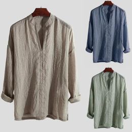 Men's Casual Shirts Stylish Men Shirt Breathable Stand Collar Linen Blouse Solid Colour Skin-friendly Long Sleeve For Daily Wear