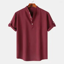 Men's Casual Shirts Men Summer Shirt Solid Color Short Sleeves Half-open Stand Collar Soft Breathable With Cufflink Mid Length Slim Fit