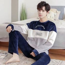 Winter Long Sleeve Thick Warm Flannel Pyjama Sets for Men Coral Velvet Cute Cartoon Sleepwear Suit Pyjamas Homewear Clothes 240318