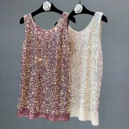 Tops 2024 Spring/Summer Sleeveless Loose Tank Top Wear Trend Sequins Glitter Large Size Medium Long Bottoming Shirt Women