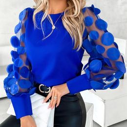 Women's Blouses Lady Petal Appliques See Through Long Sleeve Party Shirts Office Elegant Shirt Top Fashion Women Chic Mesh Patchwork