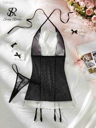 Sexy Pyjamas SINGREINY Maid Sheer Low Cut Underwear Sets Women Lace Erotic Dress Hollow Out Cosplay Mesh Lingerie Sexy Pajamas 24318