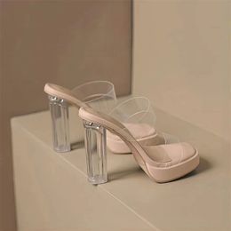 One line transparent crystal ultra-high heel waterproof platform thick heel sandals for women's 2024 new summer women's sandals