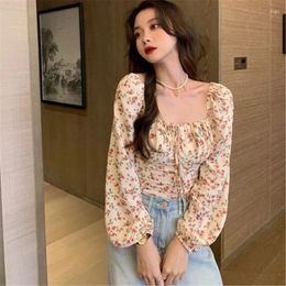 Women's T Shirts Floral Tie Front Crop Tops Square Neck Puff Long Sleeve Shirt Blouse