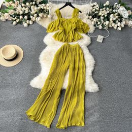 Work Dresses Women Two Pieces Sets Chic Ruffle Off Shoulder Top With Fashion Sweet High Waist Wide Leg Pleated Pant