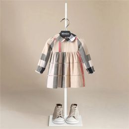 Luxo meninas manga longa vestido xadrez meninas outono estilo turndown listrado manga algodão vestido crianças vestidos para meninas 240305
