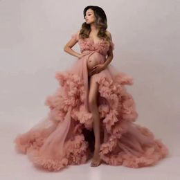 Sexy V Neck Maternity Womens Prom Dresses Elegant Pregnant Ruffles Ball Gown Evening Party Dress Premama Po Shoot Robes Pink 240309