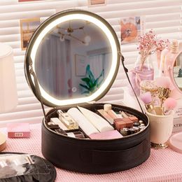 Cosmetic Bags Women Round Case With Mirror LED Light Waterproof Large Capacity Ladies Wash PU Leather Fashion Makeup Storage Box