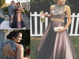 Two Piece Tulle Rom Dresses High Neck Crystal Beaded Tulle Floor Length Puffy Chocolate Brown Teenage Prom Dress Open Back Sweet 16155958