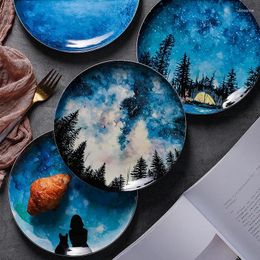 Plates 8 Inch Nordic Ceramic Breakfast Plate Round Night Sky Dishes Tableware Home Handmade Nuts Steak Cake Pastry Fruit