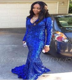 Royal Blue Sequines V Neck Prom Dresses Sexy Long Sleeves Mermaid Evening Gown African Plus Size Formal Party Dresses BC40348618629