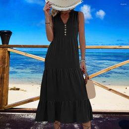 Casual Dresses Breathable Dress Women Midi Elegant V Neck With Button Decor A-line Hem For Soft Flowy Vacation Beach