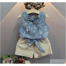 Clothing Sets Baby Girl Summer Set Girls Sleeveless Floral Print Tops Tshirt Khaki Short Pants Suits Kids Fashion Clothes Two Pieces Dhvbj