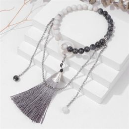 Strand Trendy Tai Chi Yin Yang Long Tassel Pendant Bracelets Natural Stone Labradourites Agates Men Women Friendship Jewelry