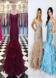Sexy Burgundy Khaki Blue Mermaid Prom Bridesmaid Party Dresses with Spaghetti Straps Lace Bodice Puffy Tulle Skirt Evening pageant2443975