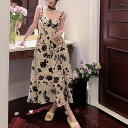 Casual Dresses Beach Dress Elegant Lace Shoulder Strap Maxi With Colour Matching Flower Print Pleated High Waist For Prom Or Party Events