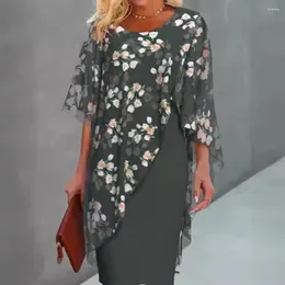 Casual Dresses Soft Touch Dress Elegant Floral Print Chiffon Midi For Women Sheath Style With Half Sleeves Round Neckline Formal