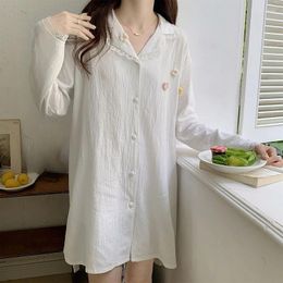 Women's Sleepwear Summer Loose Pure Cotton Nightgown Cardigan Long Sleeved Nighty Lapel Thin Sweet Cute Homewear