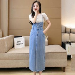 Casual Dresses Strap Cowboy Dress Women 2024 Summer Split Female Fashion Slim High Waist Pocket Single-Breasted Denim