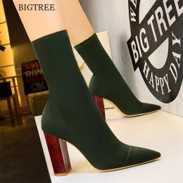 Boots Plus Size 3443 Retro Wood Grain Square Heel Women Boots Pointed Toe High Heels Party Shoes Woman Lycra Stretch Female Sock Boot