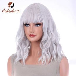 Synthetic Wigs Aideshair Pastel Wavy Wig With Air Bangs Womens Short Bob Silver Whit Curly Shoulder Length Bob Synthetic Daily Use Colorful 240328 240327