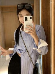 Women's Blouses Blue And White Striped Contrast Colour Shirt For Women 2024 Spring Summer Thin Special-Interest Design High-Grade French Styl