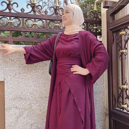 Ethnic Clothing Women Muslim Set Modest Matching Outfit 3 Piece Open Abaya Kimono Long Sleeve Dress Wrap Skirt Dubai Party Eid Ramadan