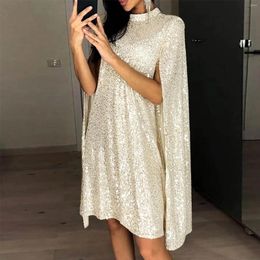 Casual Dresses Ladies Cloak Style Dress Solid Colour Waist High Neck Sequin Sexy Elegant Slim Party With