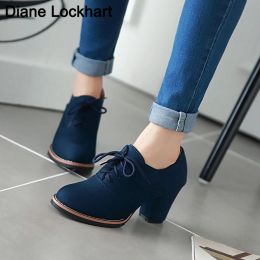 Boots Vintage Women Lace Up Pumps Square Heel Round Toe High Heels British Style Oxfords Autumn Low Top Student Shoes Blue Booties 32