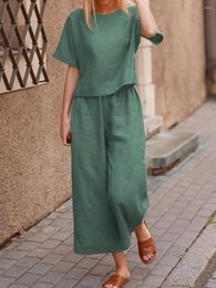 Women's Two Piece Pants Cotton Linen Suits Tracksuit Casual Long Set Short Sleeve Shirt Cropped 2 S Loose Trouser