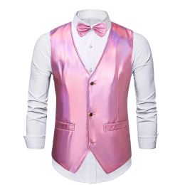 Vests Sexy Pink Metallic Suit Vest Men 2023 Brand Slim Fit Christmas Party Vest Waistcoat Men Wedding Porm Events Gilet Costume Homme