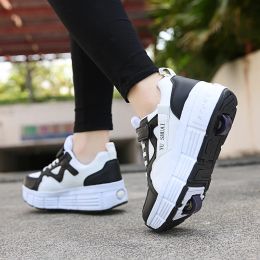 Boots 2 Wheels Kids Roller Sneaker Deform Shoes Flying Parkour Roller Shoes Casual Sneakers Detachable Deformation Running Shoes
