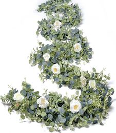 Decorative Flowers Eucalyptus Garland with White Rose Artificial Floral Vines for Wedding Table Runner Doorways Decoration Indoor 8086829