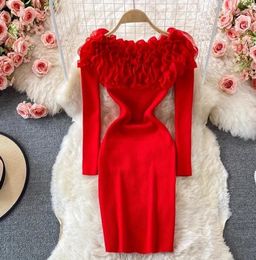 Casual Dresses Women's Elegant Dress 2024 Spring Latest 3D Flower One Line Neck Off Shoulder Long Sleeve Bottom Sweater Wrap Hip A-Line