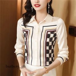 Beige Satin Chain Print Shirt for Women Lapel Ribbon Bow Autumn Winter Designer Blouses 2023 Office Ladies Chic Long 68